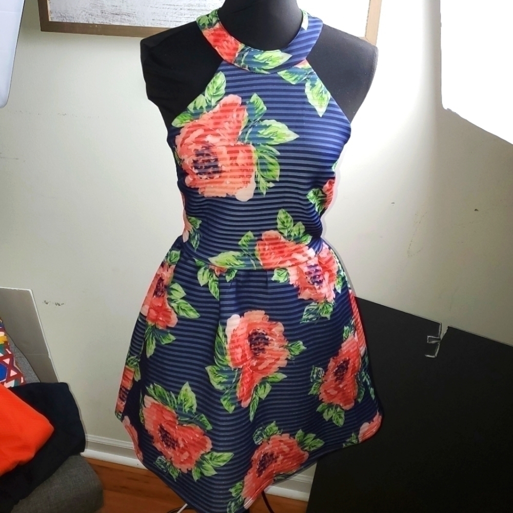 Crystal Doll Coral Navy floral junior Dress Size 3